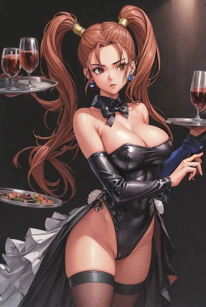 Jessica, with her large , beautiful legs, shoulder-length twin tails, and mature hat reveal her arms and shoulders, is wearing a black high-cut bunny suit and fishnet stockings and is standing holding a tray with a glass of wine on it.。casino。