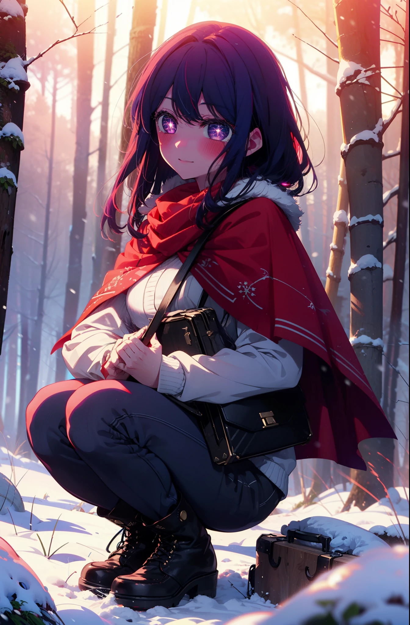 aihoshino, Ai Hoshino, Long Hair, bangs, (Purple eyes:1.1), Purple Hair, (Symbol-shaped pupil:1.5), smile,,smile,blush,white breath,
Open your mouth,snow,Ground bonfire, Outdoor, boots, snowing, From the side, wood, suitcase, Cape, Blurred, , forest, White handbag, nature,  Squat, Mouth closed, Cape, winter, Written boundary depth, Black shoes, red Cape break looking at viewer, Upper Body, whole body, break Outdoor, forest, nature, break (masterpiece:1.2), Highest quality, High resolution, unity 8k wallpaper, (shape:0.8), (Beautiful and beautiful eyes:1.6), Highly detailed face, Perfect lighting, Highly detailed CG, (Perfect hands, Perfect Anatomy),