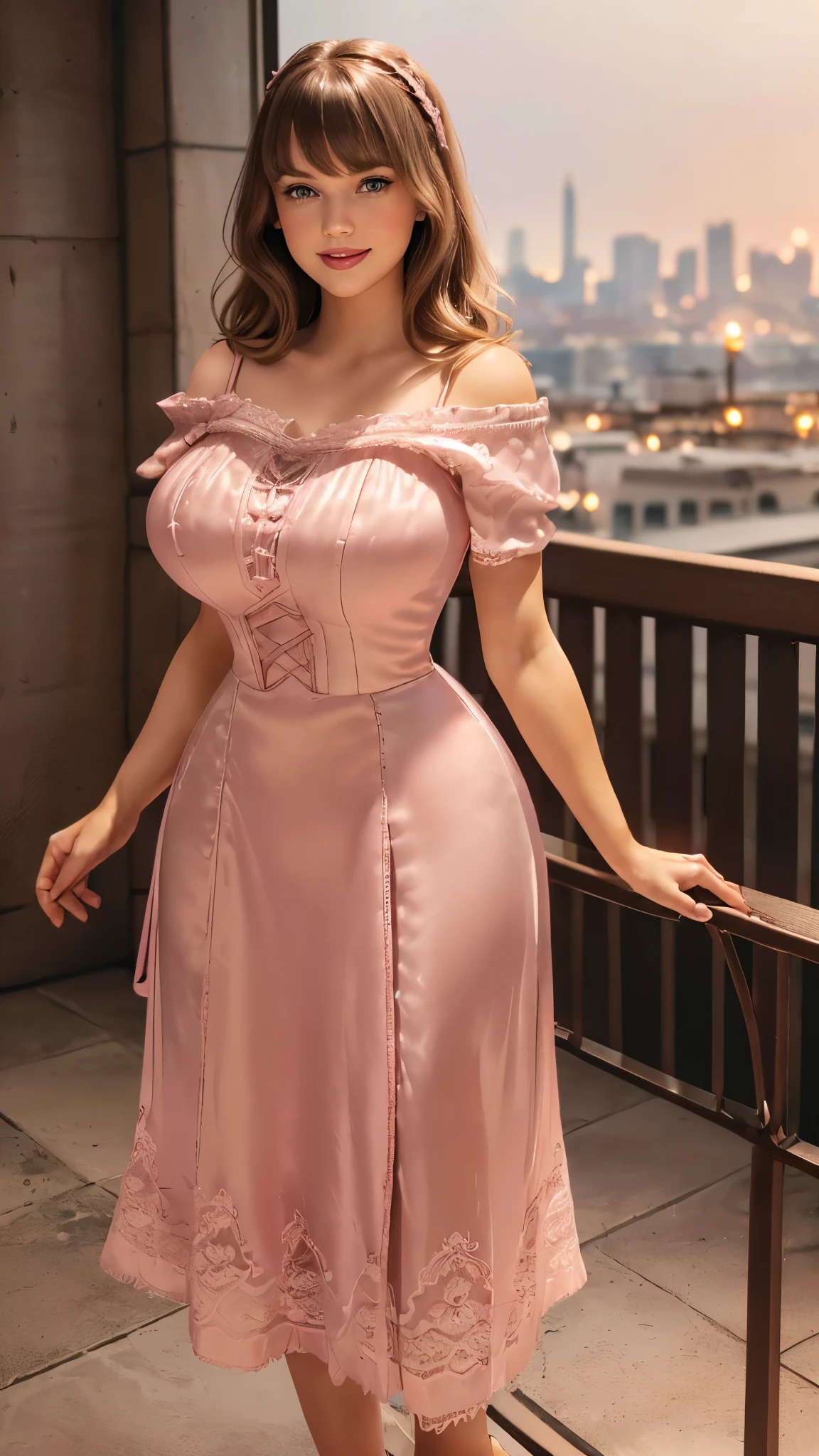 DisneyAurora, ((( Taylor Swift:Emma Stone:0.7))) Beautiful woman (((shoulder length wavy light brown hair, hair pulled back with bangs))) ((pink satin short sleeve dress, long skirt with white lace trim, white lace trim, white lace trim)) defined body, Red lipstick, smiling, hands free, standing, high tech cyberpunk city, rooftop garden, night, (huge_breasts:1.5)(chubby:1.3)
