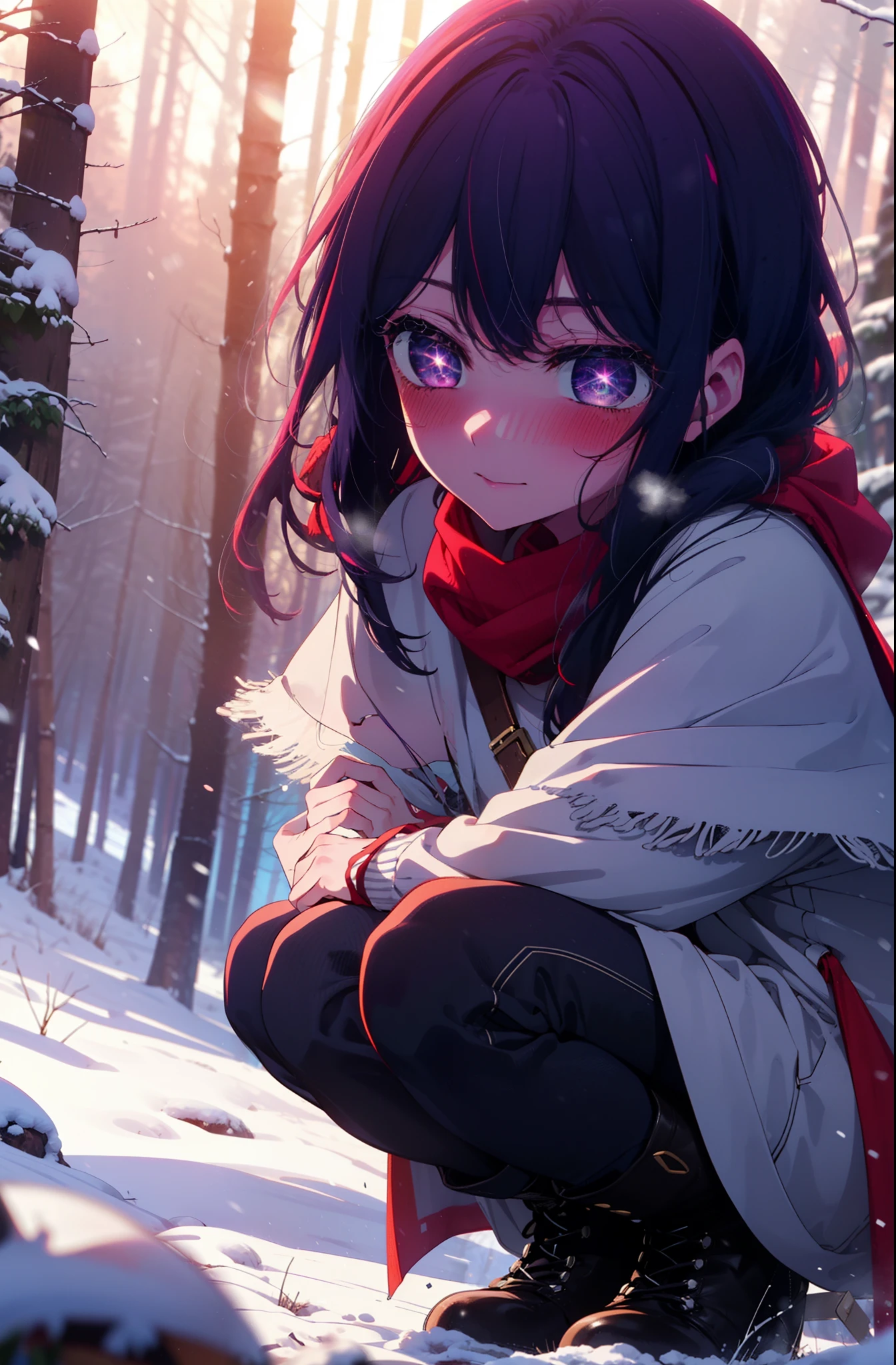 aihoshino, Ai Hoshino, Long Hair, bangs, (Purple eyes:1.1), Purple Hair, (Symbol-shaped pupil:1.5), smile,,smile,blush,white breath,
Open your mouth,snow,Ground bonfire, Outdoor, boots, snowing, From the side, wood, suitcase, Cape, Blurred, , forest, White handbag, nature,  Squat, Mouth closed, Cape, winter, Written boundary depth, Black shoes, red Cape break looking at viewer, Upper Body, whole body, break Outdoor, forest, nature, break (masterpiece:1.2), Highest quality, High resolution, unity 8k wallpaper, (shape:0.8), (Beautiful and beautiful eyes:1.6), Highly detailed face, Perfect lighting, Highly detailed CG, (Perfect hands, Perfect Anatomy),