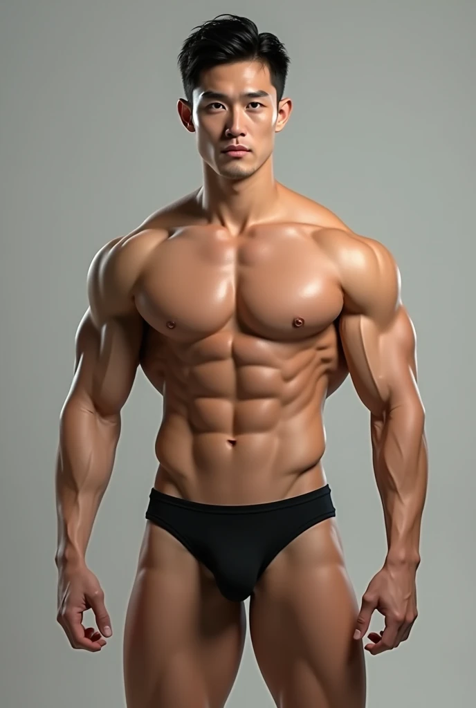 Naked muscle korean with thin black underwear showing a huge penis 