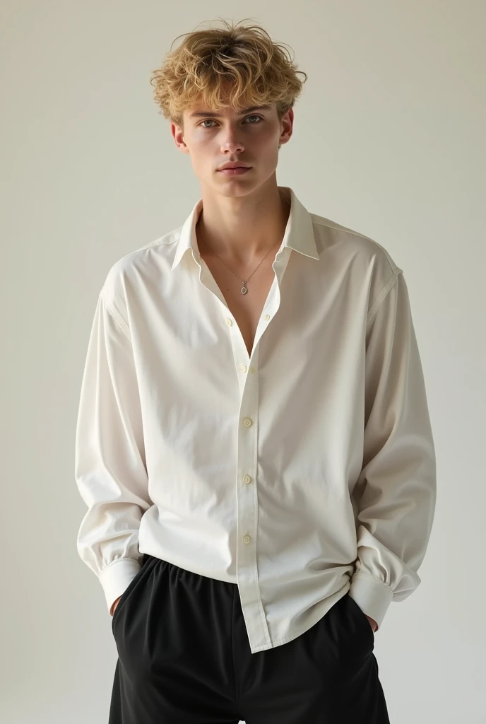 Blond man with hazel eyes and fair skin wearing black baggy pants and a white baggy shirt and disheveled hair