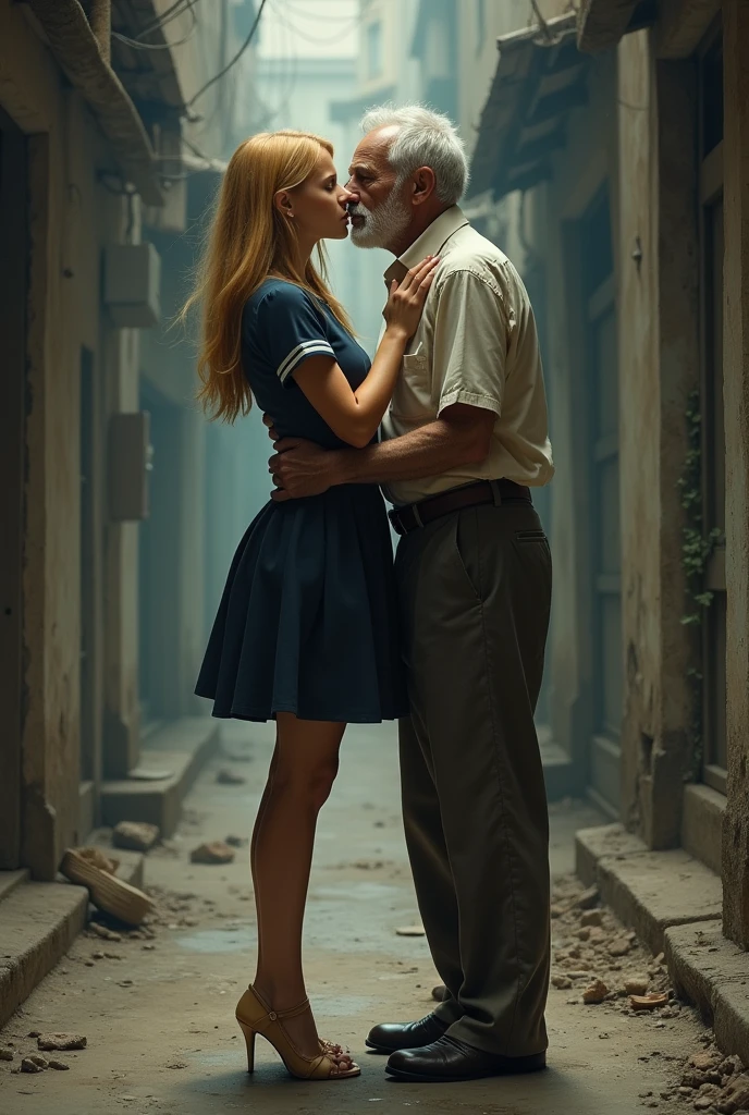 a rich beautiful blonde schoolgirl, wearing school uniform and high-heeled sandals, standing full-length, kissing an old homeless black man, wearing dirty clothes, in a dirty alley