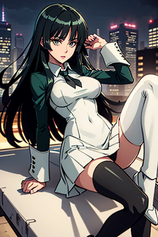 Highest quality、Ultra HD、One Woman、(Dark green long hair 1.3)、(White Suit 1.3)、(White tight skirt 1.3)、(Black tie)、(Black loafers 1.1)、((tall))、((1 who has a gun.2))、(Large Breasts)、(Black knee-highs 1.2)、(Beautiful face with sharp eyes 1.2)、40-year-old woman、Slender body、(Night city background 1.2)、((Clear and beautiful touch))