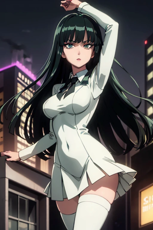 Highest quality、Ultra HD、One Woman、(Dark green long hair 1.3)、(White Suit 1.3)、(White tight skirt 1.3)、(Black tie)、(Black loafers 1.1)、((tall))、((Has a submachine gun))、(Large Breasts)、(Black knee-highs 1.2)、(Beautiful face with sharp eyes 1.2)、40-year-old woman、Slender body、(Night city background 1.2)、((Clear and beautiful touch))