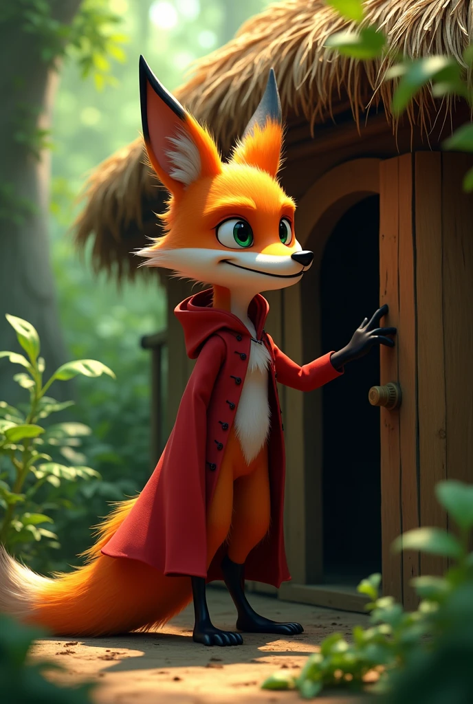 closeup 3D illustration, (1male fox:1.2), (sinister yet playful expression:1.5), dangerously playful, dark humour, wearing a red cape and a red hoodie standing on its too feet like a cartoon character, creepy pose, lean build, (disproportionate body long nose and mouth), (smiling notoriously with expression of plotting something, scheming look, up to no good, mischievous intent, sinister, playful but dangerous, naughty and scary), (realistic fur texture), (jungle background:1.4), standing and knocking the wooden door of a straw house, wooden door, straw house, sunlight filtering through the trees, (soft lighting:1.3), (green and earthy color scheme:1.3), (highly detailed), (ultra quality:1.3), (masterpiece), (digital art), 8K resolution, HDR, depth of field, (soft shadows), (photorealistic:1.3), (animation:1.2), (by Greg Rutkowski:0.9), (in the style of Alphonse Mucha), trending on ArtStation, award-winning art