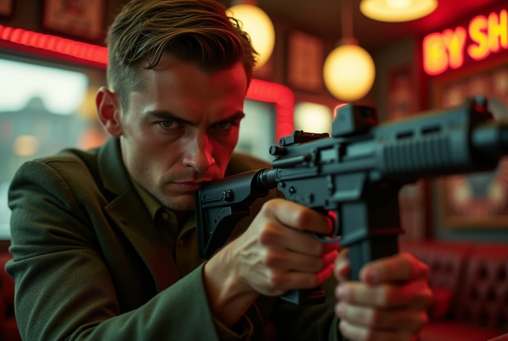 ((super photographic, superrealism)), Profile , running scene , Bond boy help 007, in strip show shop, sole, (1 Scottish boy, brown hair, short cut, serious) (green brazer, brown pants, brown shoes ) ,hold MG 42 machine Gun, ((super detail, high details, high quality, accurate, anatomically correct, textured skin, beautiful fingers super detail, high details, high quality, best quality))