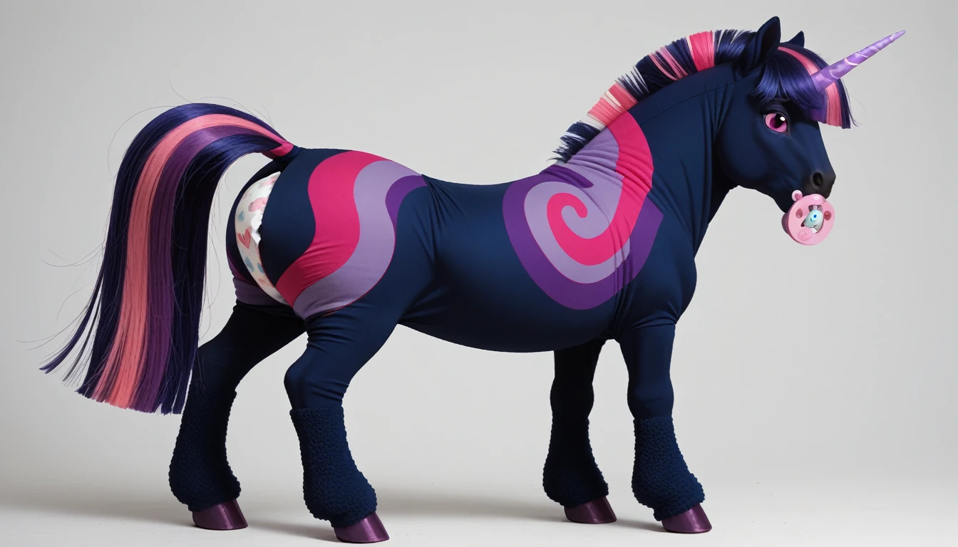 pony, Unicorn, purple wool, dark blue mane with purple streak and pink streak, the tail is dark blue with a purple strand and a pink strand, purple eyes, stands on four hooves, rear hooves spread wide apart, adult filly, dressed in a bodysuit and booties, pacifier in mouth, solo, thick diaper under clothes.