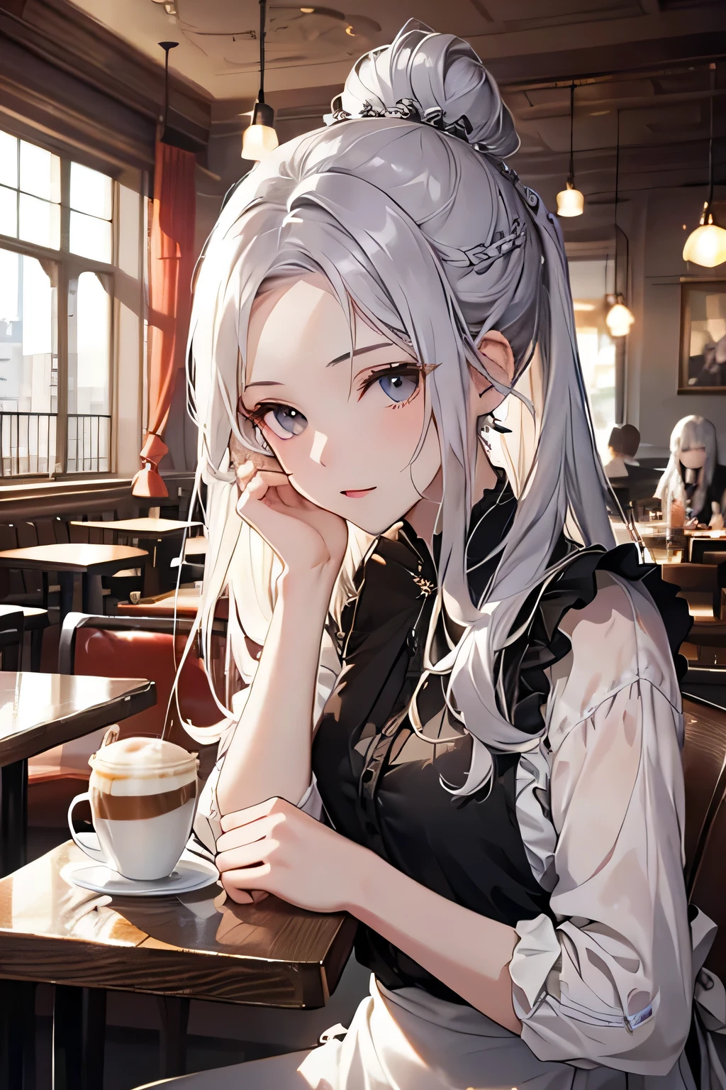 Highest quality, High resolution,thin、expensive、Silver Hair、(expose forehead:1.7)、(semi-long:1.3),Hair Bun、(Cafe:1.4)、Black blouse