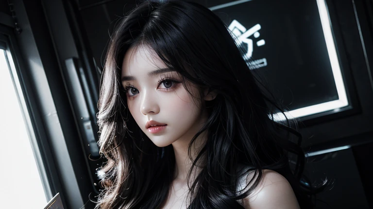 k-popアイドル、She has a single point of makeup on her face.、Black and white themed clothing、Cyberpunk feel、Beauty、The whole body is reflected、Light-colored hair、Long Curly Hair、The clothes are glowing