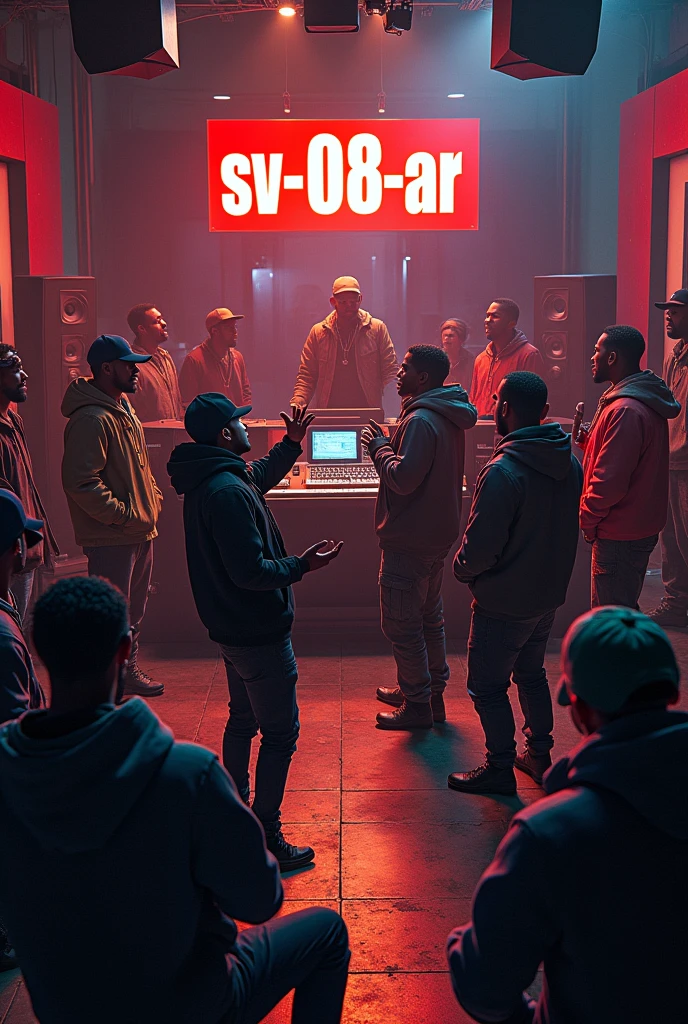 Cover a song with a sign saying SV-08-AR and dynamic images of a crowd of rappers in the music studio recording and exchanging ideas