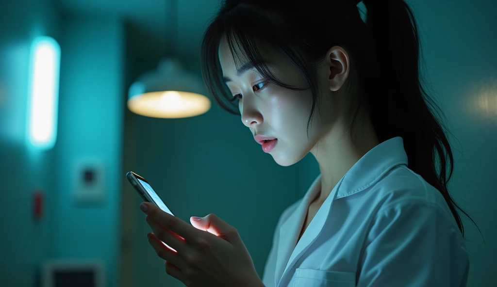 Create an image of an Asian female nurse addicted to online gambling,using phone