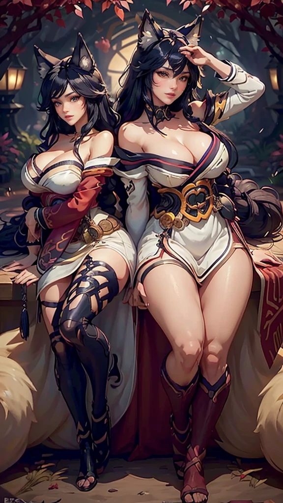 Ahri da league of legends,(best qualityer,4K,8k,high resolution, work of art:1.2)(weather: windy), 1girl, Japanese female, spirit forest background, red and white long sleeve korean kimono dress, thigh high stockings, cleavage, spirit sphere, cute makeup, tall boots, belt, long black hair, braided hair, fox ears, multiple fox tails, ultra detailed, realistic, portrait, beautiful detailed yellow eyes, beautiful detailed lips, extremely detailed eye and face, beautiful girl, long eyelashes, sexly, average, large breasts, beaming smile, magical pose, stunning curves, bright coloured, dramatic lighting, fox spirits,