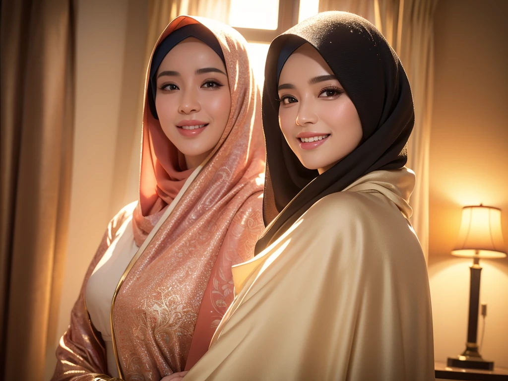 1girl, gorgeous Indonesian woman, silk abaya, hijab, smiling, shy, opened mouth, visible teeth, hot mom, full body portrait, (best quality,4k,8k,highres,masterpiece:1.2),ultra-detailed,(realistic,photorealistic,photo-realistic:1.37),HDR,UHD,studio lighting,ultra-fine painting,sharp focus,physically-based rendering,extreme detail description,professional,vivid colors,bokeh,portraits,warm color tones,dramatic lighting