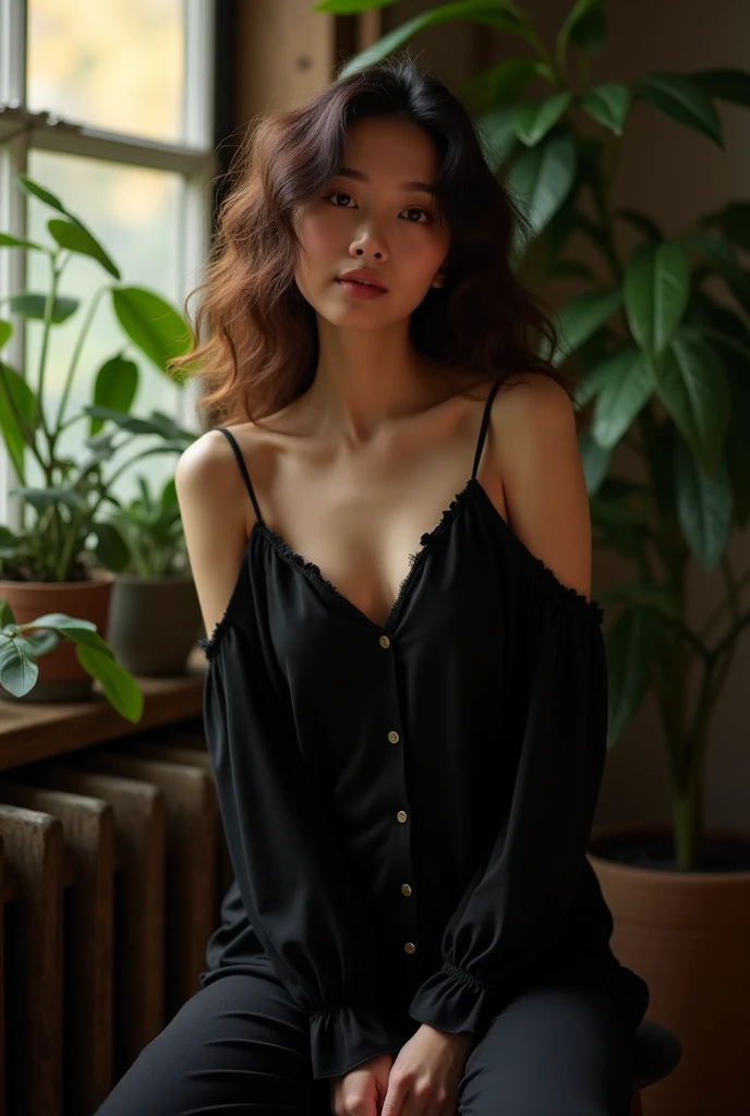 The photograph is a superbly high-quality image of a stunning asian woman, comfortably seated on a stool in a professional photography studio. She is dressed in a loose, black off-shoulder top that complements her black pajama pants, and her long, curly hair cascades naturally around her shoulders. The studio is dimly illuminated, with plants adding a touch of greenery to the background and sunlight filtering through a nearby window, casting a warm and inviting glow on the scene. The subject is captured in a sensual pose, with the rich colors, photorealistic rendering, and precise details enhancing the lifelike quality of the image. A gentle breeze sweeps her hair to one side, revealing half of her face in a captivating display of expert photography. This is a cinematic movie capture, with no trace of cartoons, paintings, or illustrations, and the quality is nothing short of exceptional.