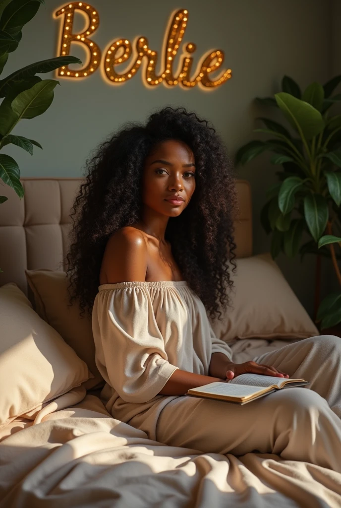 (photorealism:1.2), black beautiful woman, sitting on bed, wearing loose off-shoulder top, pajama pants, long curly hair, indoors, soft lighting, plants in background, a copy Book with a gold Pen on the bed, cozy room, relaxed pose, realistic, intricate details, warm colors, with Berlie write on the wall in gold letters