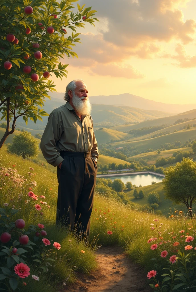 Imagine An elderly man with a white beard and hair, dressed in a grey shirt and black pants, stands amidst his expansive farm. Apple and peach trees stretch across the landscape, and a large pond, adorned with blooming flowers, lies in the distance. As the sun sets, the sky is painted with warm hues, and a gentle breeze rustles through the trees, creating a serene and picturesque scene.