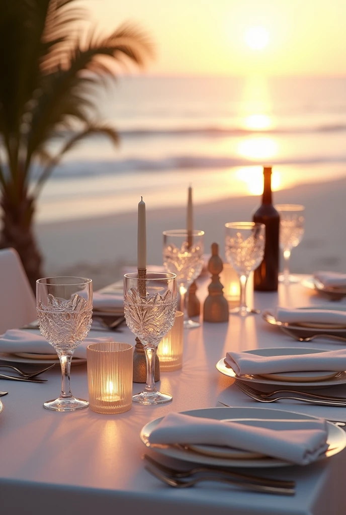 An elegant dining table with a beach view in the background. The table is decorated with western-themed tableware such as white porcelain plates., silver cutting tool, and crystal wine glasses. On the table are neatly folded linen napkins, a classically styled center candle, and a bottle of wine. Around the table, white sand beach and gentle waves can be seen clearly. The setting sun gives a warm and romantic atmosphere, reflecting golden color on the sea surface.