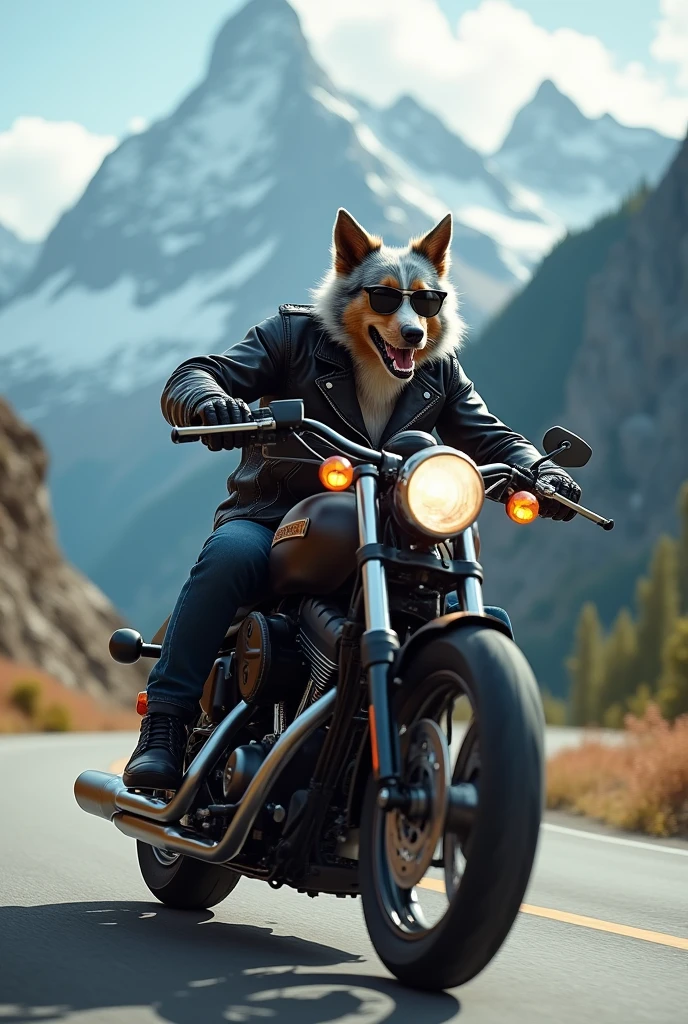 Prompt : un berger australien bleu merle avec une tenue de motard conduit une harley davidson et il se penche dans un virage comme un fou . Il porte des lunettes noires super classe et il est dans les alpes