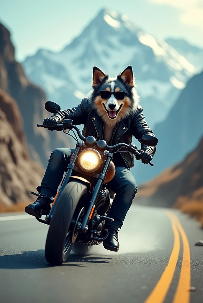 Prompt : un berger australien bleu merle avec une tenue de motard conduit une harley davidson et il se penche dans un virage comme un fou . Il porte des lunettes es super classe et il est dans les alpes