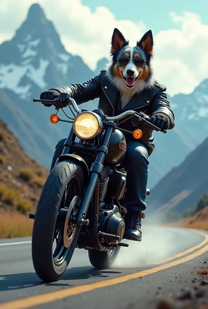 Prompt : un berger australien bleu merle avec une tenue de motard conduit une harley davidson et il se penche dans un virage comme un fou . Il porte des lunettes noires super classe et il est dans les alpes