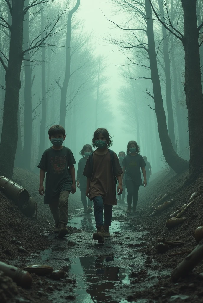 Children walking through a polluted forest