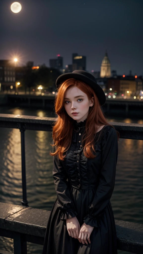 Victorian redhead Irish girl, leaning on the railing of a bridge that overlooks a road to the city center, on a waning moon night, and she is wearing black clothes