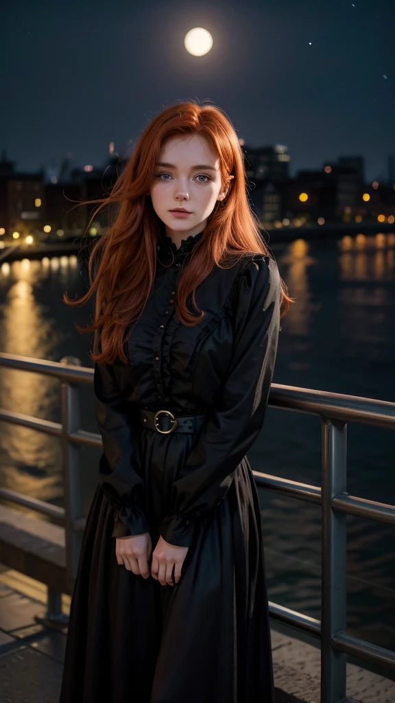 Victorian redhead Irish girl, leaning on the railing of a bridge that overlooks a road to the city center, on a waning moon night, and she is wearing black clothes