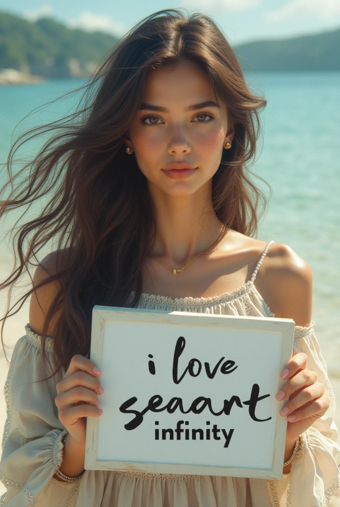 Beautiful girl with wavy long hair, bohemian dress, holding a white board with text "I Love Seaart Infinity" and showing it to the viewer