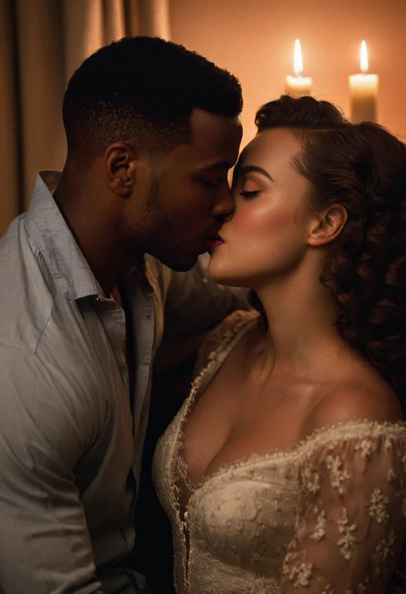 Katherine Langford and a handsome African American male whose facial features are a combo of Broderick Hunter + Devon Terrell share a steamy kiss inside a bedroom lit only by candlelight. Katherine has lovely makeup on her face. Nighttime. Romantic ambiance. Symmetrical eyes. Symmetrical faces. Lovely details. Photorealistic. Full-colored photo. Professional photo. Highly detailed 8K.
