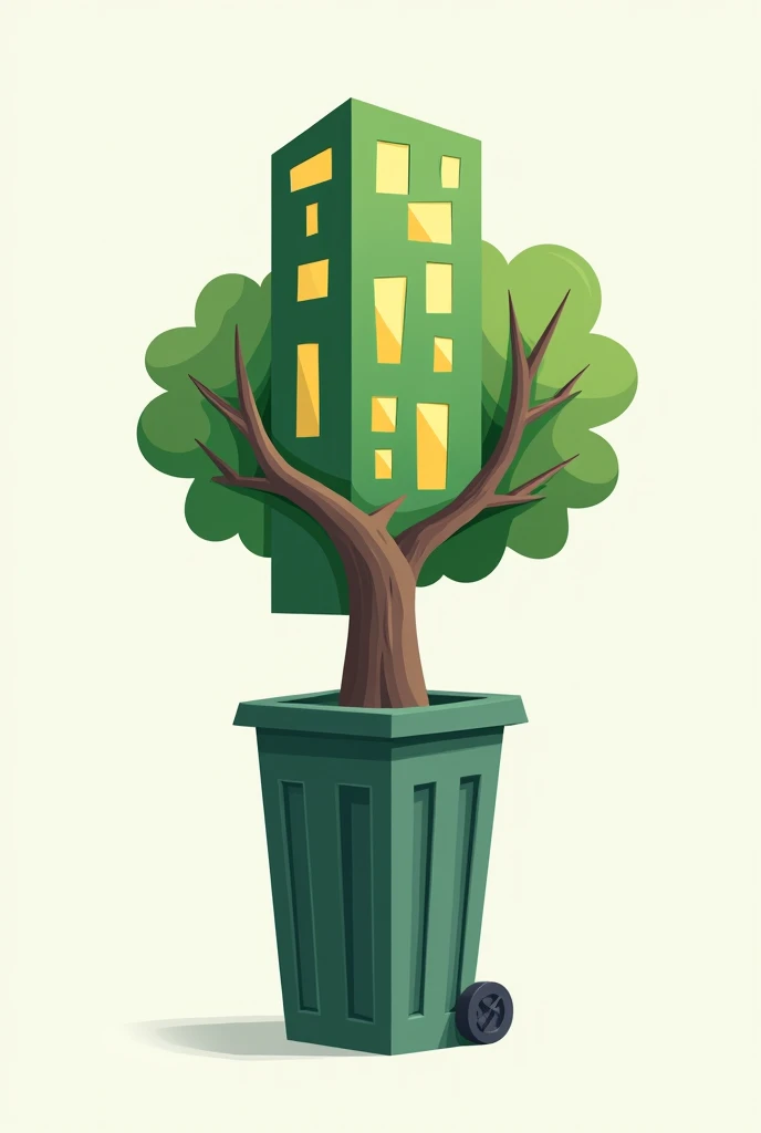 logo of a tree with building windows with a trash can base