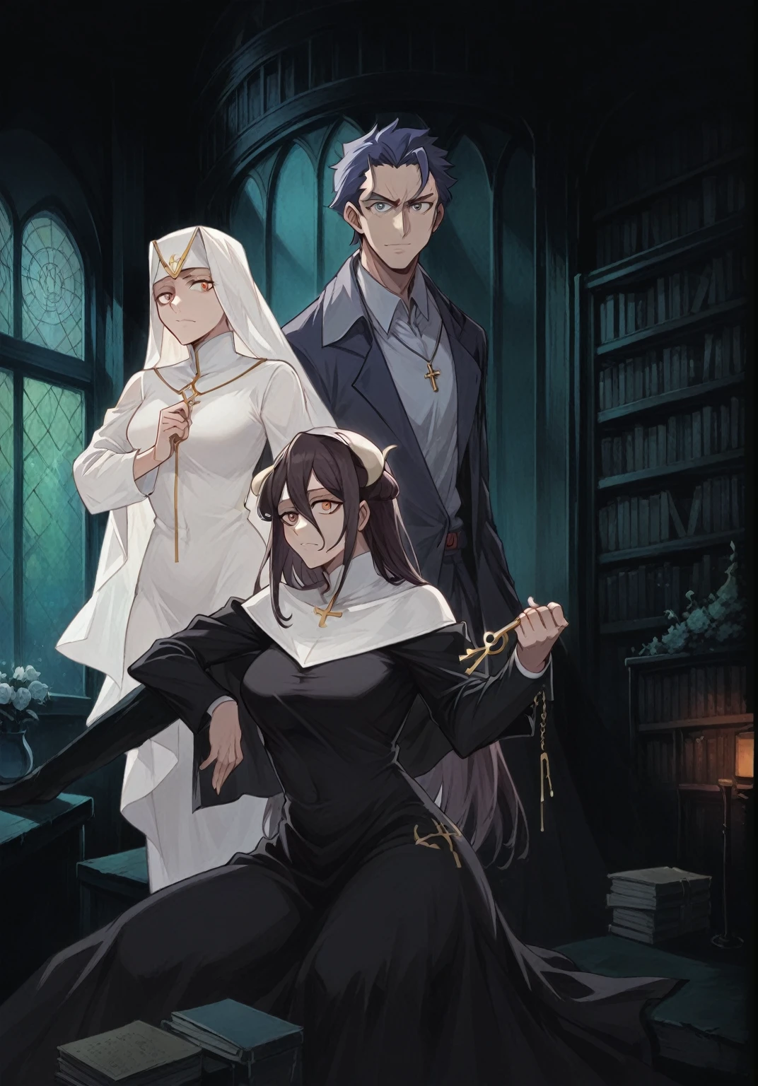 anime characters dressed in nun costumes posing for a photo, dark academia, key art, visual novel key visual, anime key art, witch academia, artwork in the style of guweiz, anime style like fate/stay night, anime cover, sakimichan frank franzzeta, high detailed official artwork, albedo, anime key visual of elegant