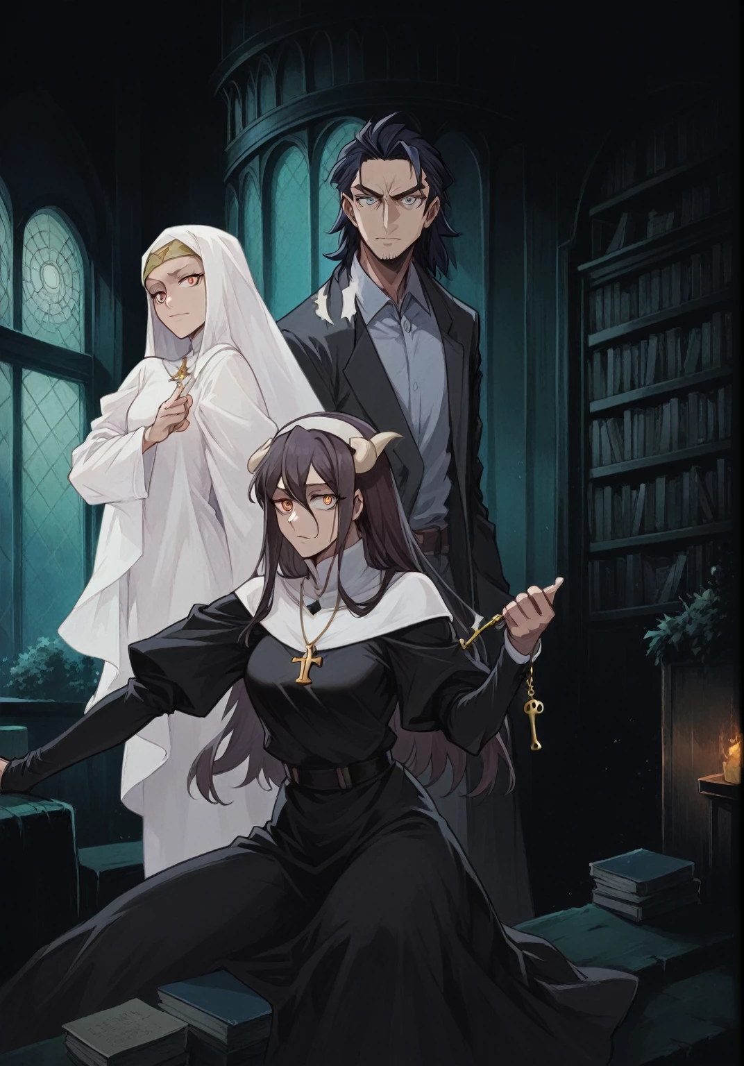 anime characters dressed in nun costumes posing for a photo, dark academia, key art, visual novel key visual, anime key art, witch academia, artwork in the style of guweiz, anime style like fate/stay night, anime cover, sakimichan frank franzzeta, high detailed official artwork, albedo, anime key visual of elegant
