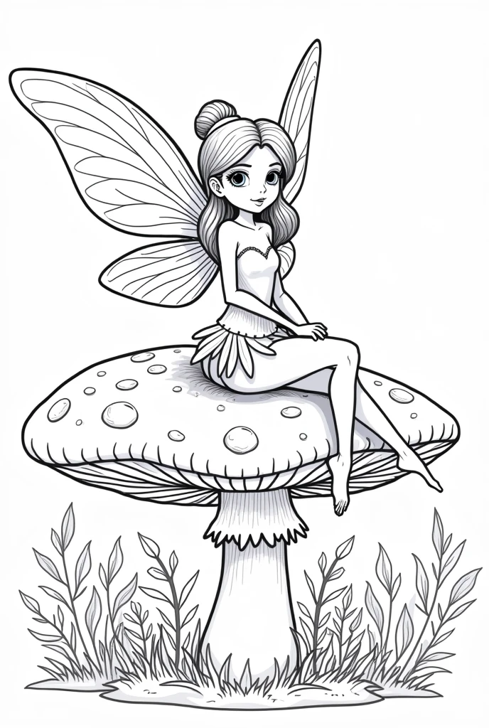 A graceful forest fairy with delicate wings sitting on a mushroom, for coloring pages, full white,clean line art, children's style, magic forest background, full body, Sketch style, playful style, childrens,coloring page, clean line art, white background, colouring page, clean outline