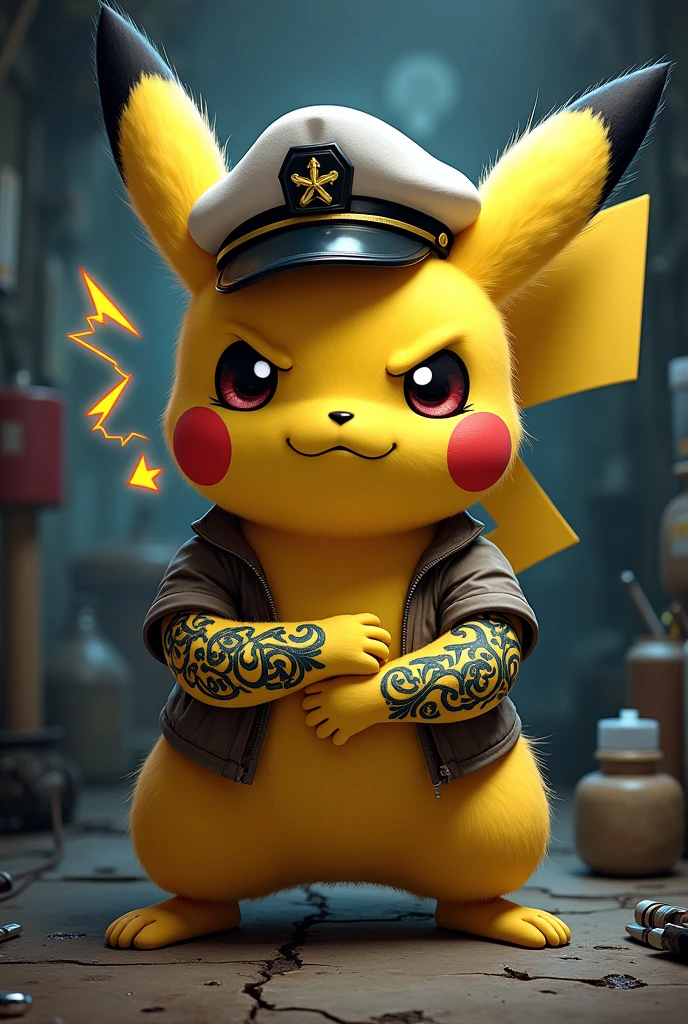 Rude Pikachu in captain cap clothes making a tattoo on his arms