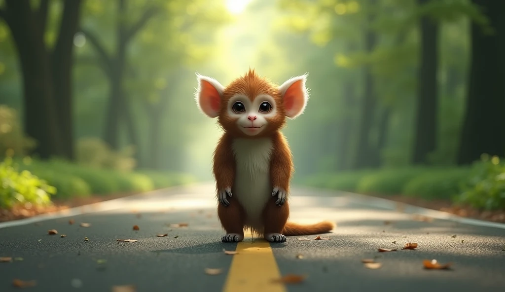 Panoramic front view,There is a wild beast on the road in the osmanthus forest,Looks like a brown monkey but has white ears,Standing upright like a human(best quality,4K,8k,High level,masterpiece:1.2),Ultra Detailed,(lifelike,Photo real,Photo real:1.37)
