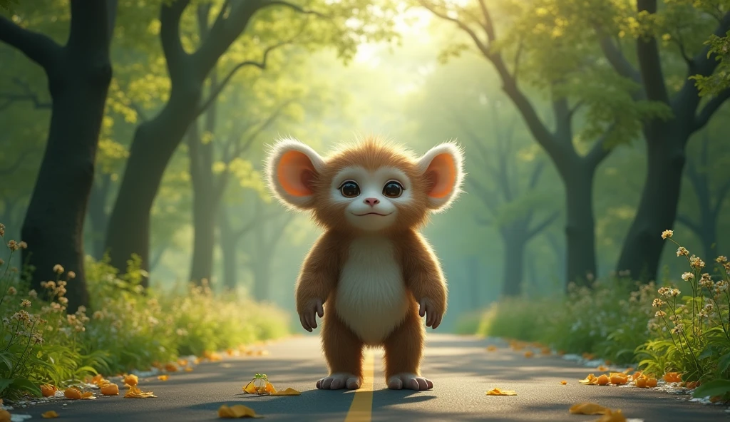 Panoramic front view，There is a wild beast on the road in the osmanthus forest，Looks like a brown monkey but has white ears，Standing upright like a human（best quality，4K，8k，High level，masterpiece：1.2），Ultra Detailed，（lifelike，Photo real，Photo real：1.37）