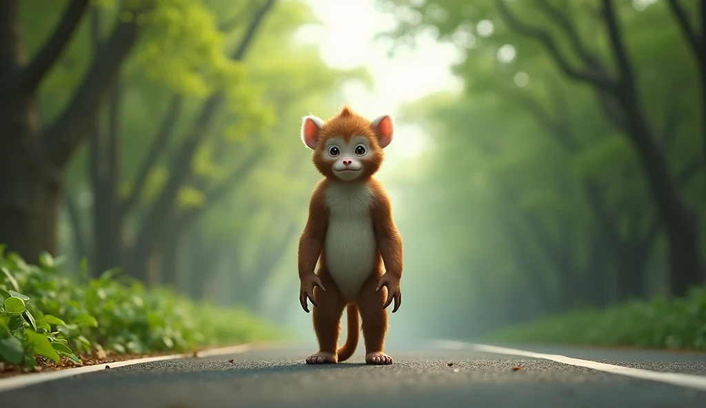 Panoramic front view，There is a wild beast on the road in the osmanthus forest，Looks like a brown monkey but has white ears，Standing upright like a human（best quality，4K，8k，High level，masterpiece：1.2），Ultra Detailed，（lifelike，Photo real，Photo real：1.37）