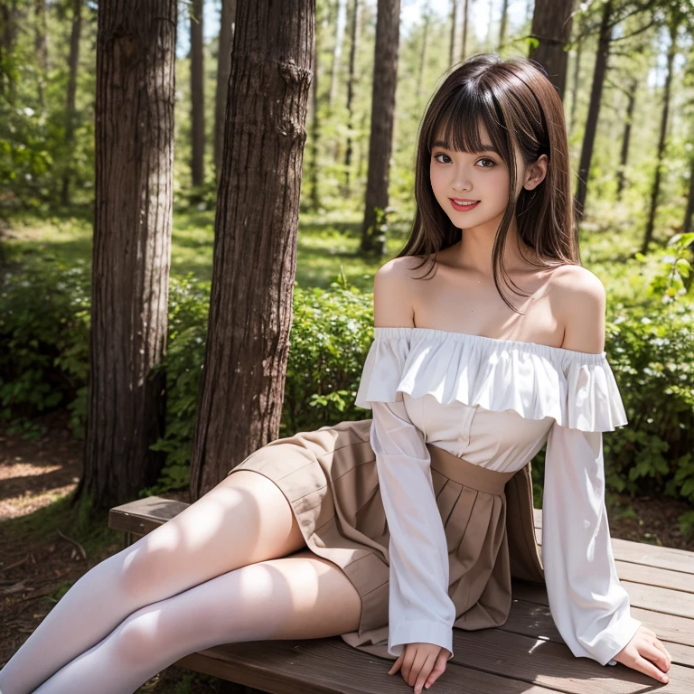 long skirt,skirt,Wearing white a pleated skirt, (Wear black stockings),(knee shot), 1 female, On the face, laughing out loud, light brown hair, blunt bangs, hair behind ears, Shoulder length hair, long hair, Slender body type, 超face slimming型, face slimming, delicate lips, beautiful eyes, Thin blush, Eyes are light brown,Check it out here, (actual:1.3), Coniferous forest, One person's perspective, 8k, on the table, , Super detailed, high quality, best quality, High resolution,,Large Breasts,H Cup, Off-shoulder tops,normal two feet