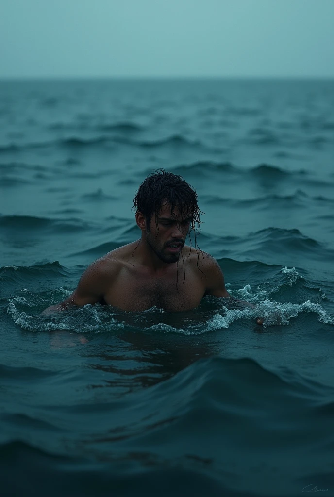 A person in the middle of de ocean cold and panicking