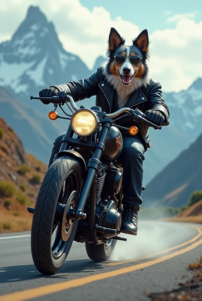 Prompt : un berger australien bleu merle avec une tenue de motard conduit une harley davidson et il se penche dans un virage comme un fou . Il porte des lunettes noires super classe et il est dans les alpes
