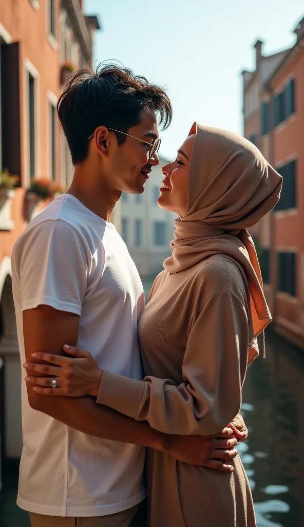shooting scene, very high quality photos, handsome man from Indonesia and beautiful woman wearing a hijab, free posing in the city of Venice, romantic, vivid realistic visuals, cool and complex effects, looks real and perfect, UHD 64K, very dynamic, male wearing glasses, thin and tall, black hair, white t-shirt and shorts, beautiful woman wearing a hijab wearing more casual clothes