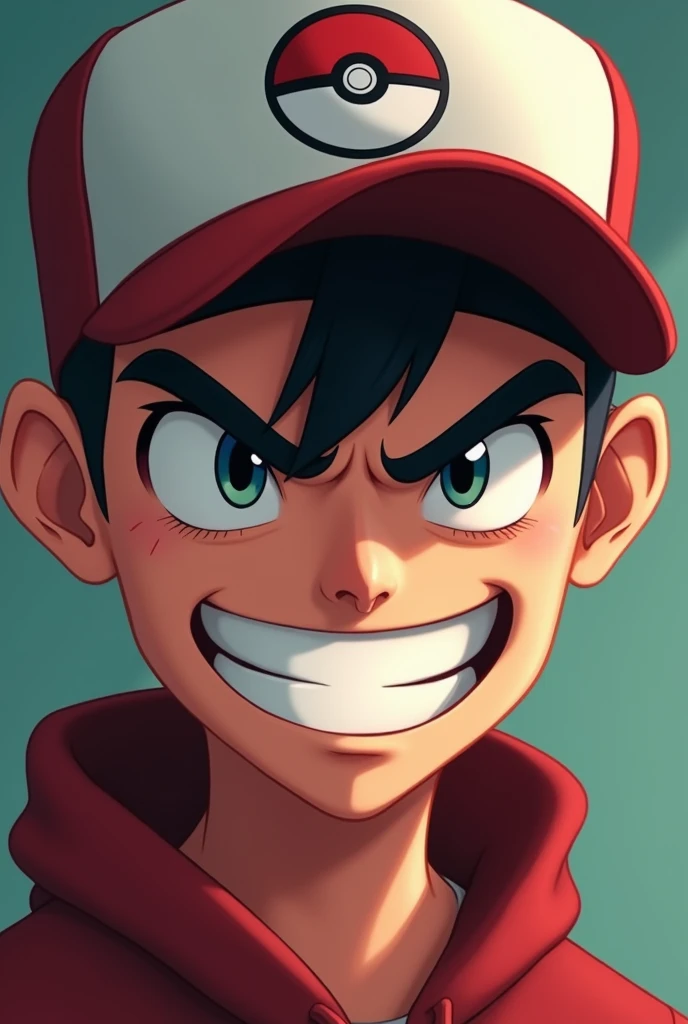 -up, Caucasian skin, Bblack hair, Scrawny, shaven hair, YouTube profile, with pokeball pokemon cap, 2d, Only from the neck up, evil grin