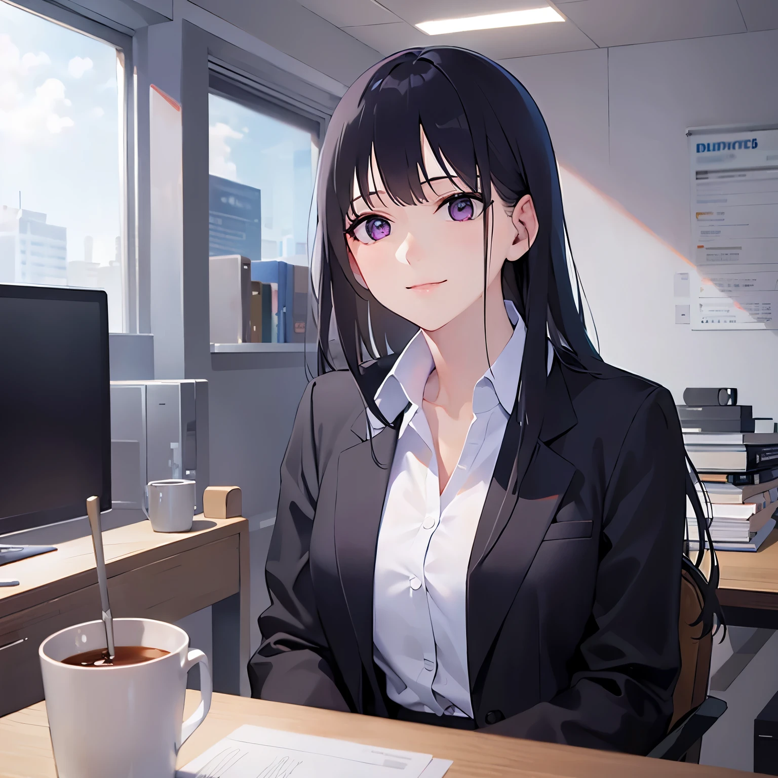 (looking away:1.5),Realistic,real person,(pale skin),RAW photo,photorealistic,BREAK(Black blazer:1.5)and(white collared shirt)BREAK,shiny skin,shiny hair,-old woman with straight hair and bangs)and(medium hair)and(black hair)and(purple eyes),(smile:1.3),The background is inside the office room.,alone,