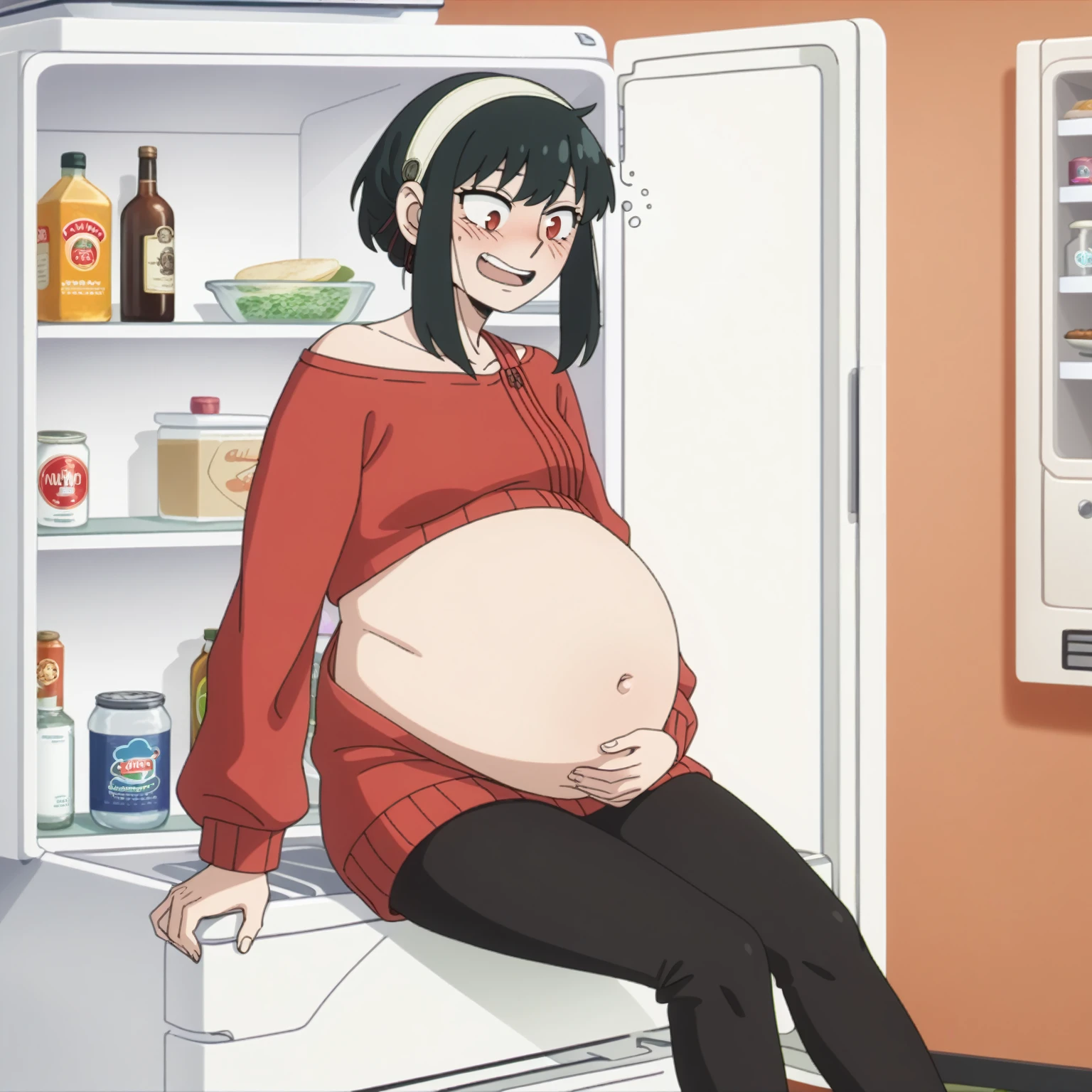 I look at the viewer, One, yorforger,1 girl, ((medium breast)), ((belly stuffed)), ((huge belly)), ((Very drunk)), ((staggers)), black hair, Red eyes, short hair with long strands, white hair band, from the shoulder, ((red sweater)), black tights, ((drank too much)), ((exhausted)), ((excited)), ((in front of the refrigerator)), ((Outdoor refrigerator)), ((lean on the fridge)),