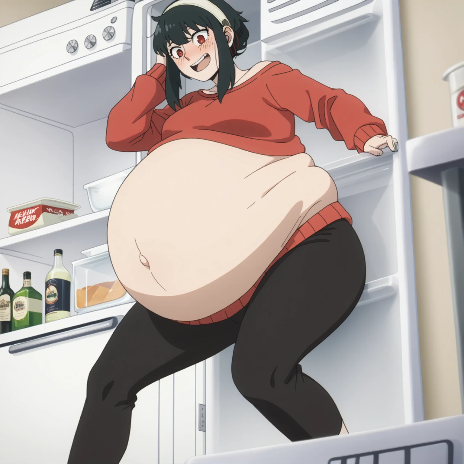 I look at the viewer, One, yorforger,1 girl, ((medium breast)), ((belly stuffed)), ((huge belly)), ((Very drunk)), ((staggers)), black hair, Red eyes, short hair with long strands, white hair band, from the shoulder, red sweater, black tights, ((drank too much)), ((exhausted)), ((excited)), ((in front of the refrigerator)), ((Outdoor refrigerator)), ((lean on the fridge)),