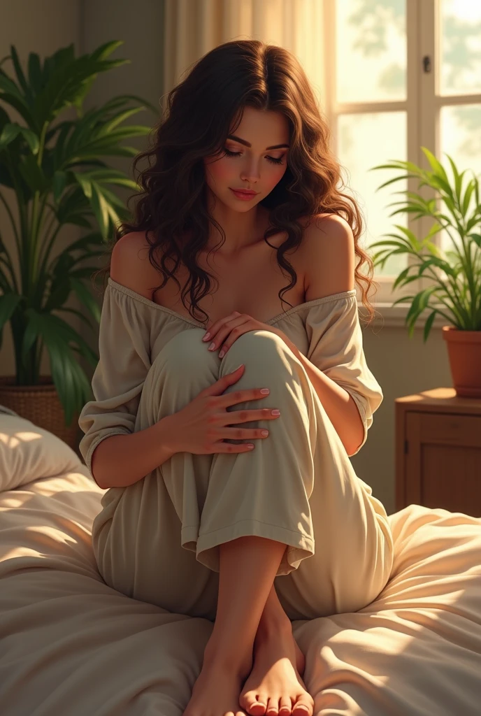 beautiful woman, sitting on bed, wearing loose off-shoulder top, pajama pants, long curly hair, indoors, soft lighting, plants in background, window with sunlight, cozy room, realistic, intricate details, warm colors, holding her calves because she has pain