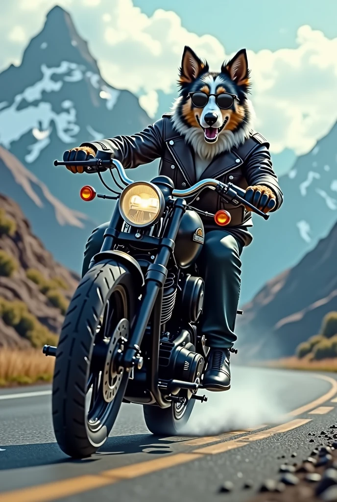 Prompt : un berger australien bleu merle avec une tenue de motard conduit une harley davidson et il se penche dans un virage comme un fou . Il porte des lunettes noires super classe et il est dans les alpes