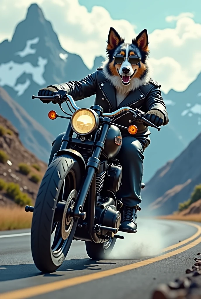 Prompt : un berger australien bleu merle avec une tenue de motard conduit une harley davidson et il se penche dans un virage comme un fou . Il porte des lunettes noires super classe et il est dans les alpes
