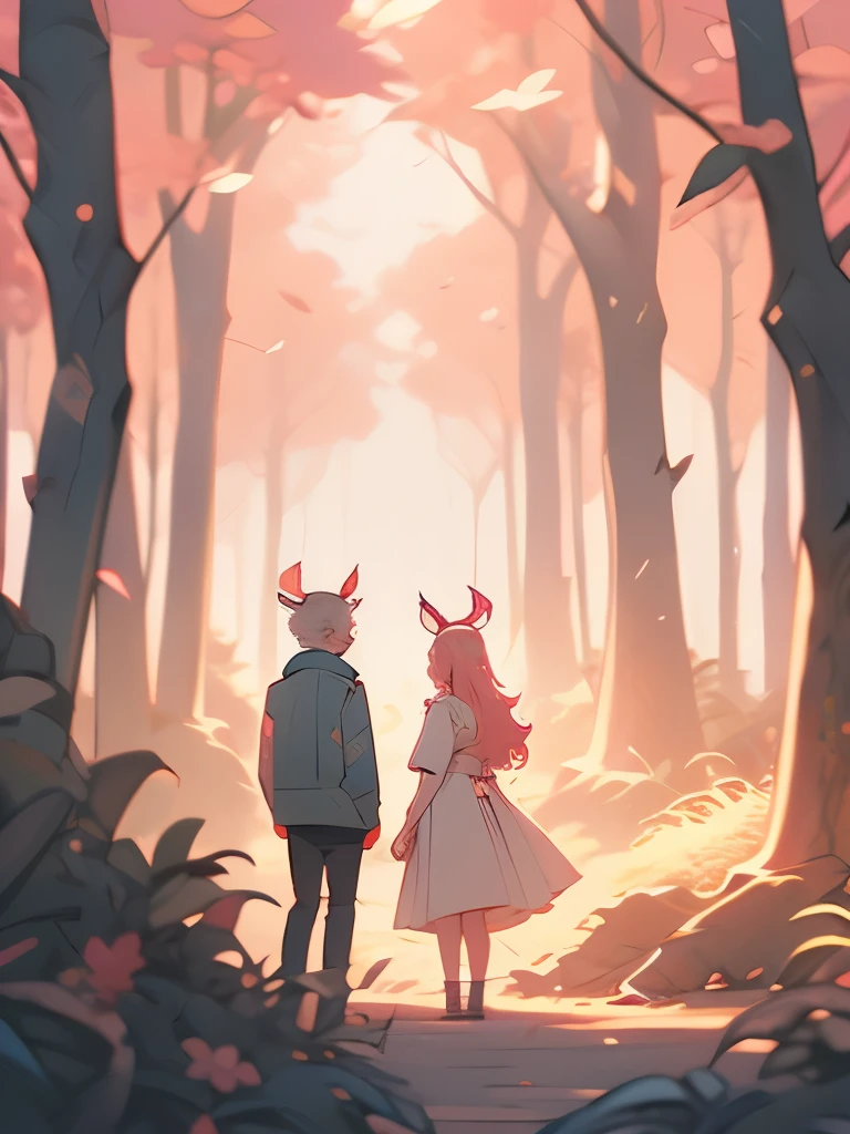 there are two deers that are standing in the woods, a detailed painting by Jin Nong, pixiv, sots art, fauns, brittney lee, laurie greasley and james jean, deers, in pink forest, in style of laurie greasley, jen bartel, pink forest, dreamy psychedelic anime, laurie greasley, beautiful illustration
